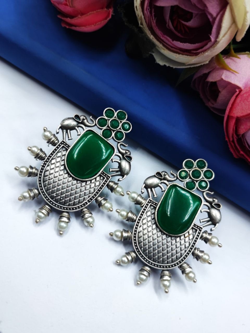 Designer Elephant Earrings With Monalisa Stone - Oxidised Silver Look aLike Earring - Image 4