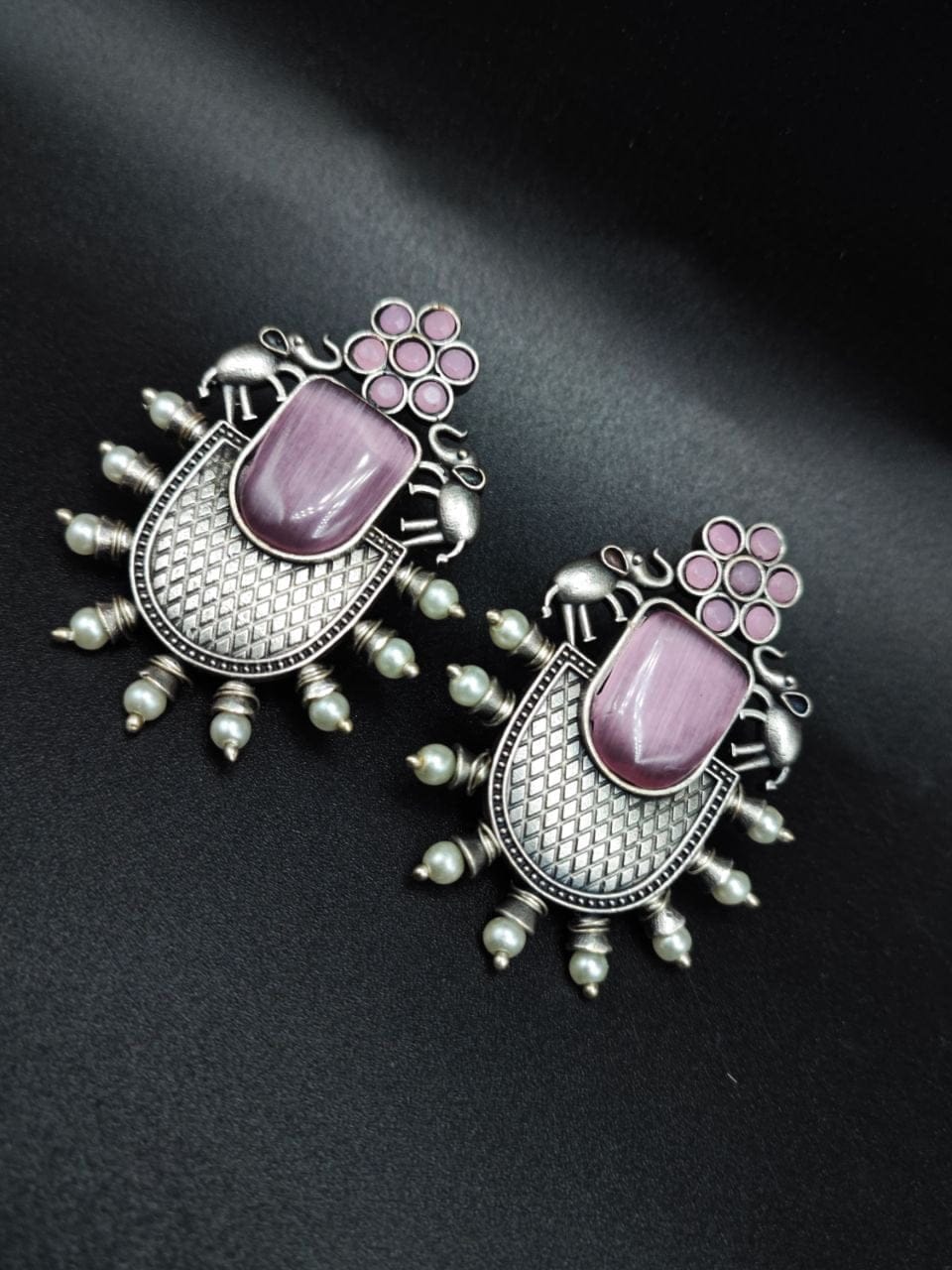 Designer Elephant Earrings With Monalisa Stone - Oxidised Silver Look aLike Earring - Image 3