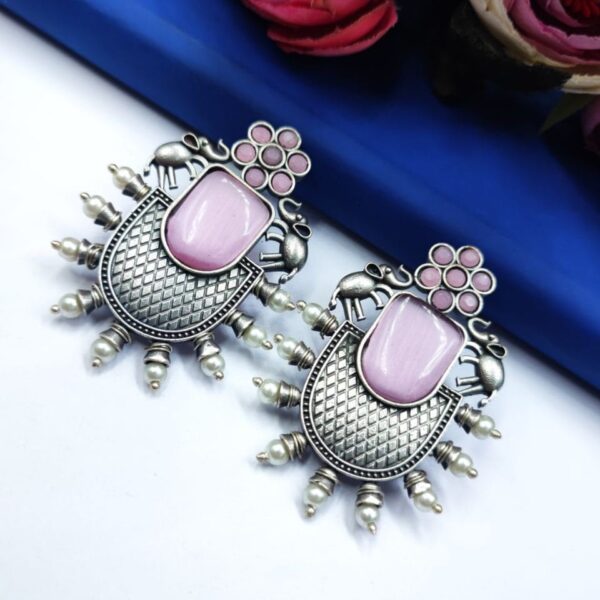 Designer Elephant Earrings With Monalisa Stone - Oxidised Silver Look aLike Earring - "Baby Pink"