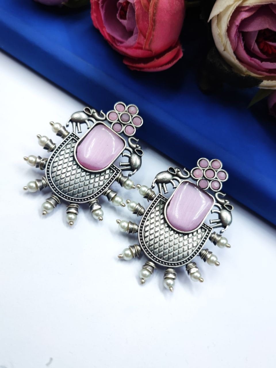 Designer Elephant Earrings With Monalisa Stone - Oxidised Silver Look aLike Earring - Image 2