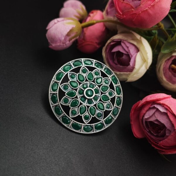 Antique Silver Replica Stone Work Adjustable Rings For Girls - "Green"