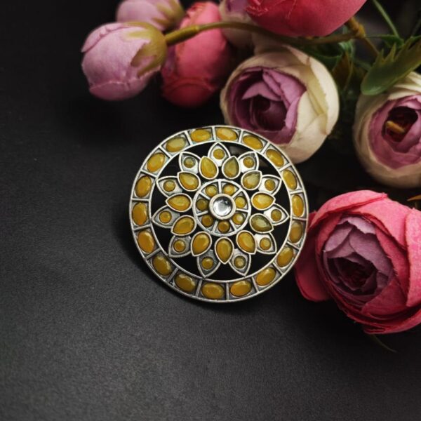 Antique Silver Replica Stone Work Adjustable Rings For Girls - "Yellow"