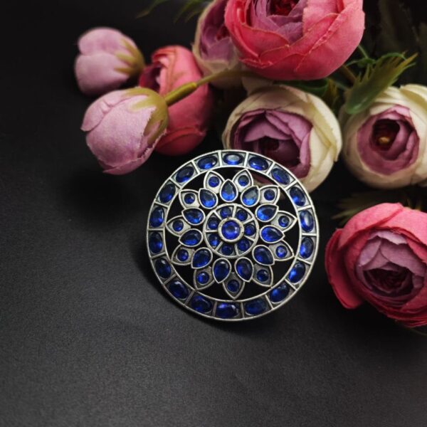 Antique Silver Replica Stone Work Adjustable Rings For Girls - "Blue"