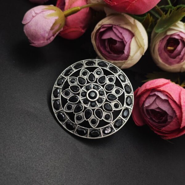 Antique Silver Replica Stone Work Adjustable Rings For Girls - "Black"