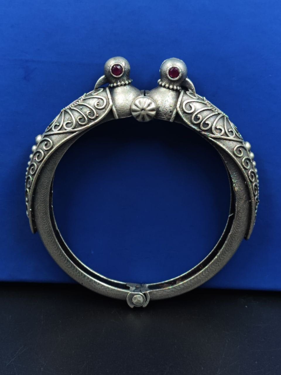 Peacock Kada Bangle - Traditional Silver Replica Openable Bracelet - Image 3