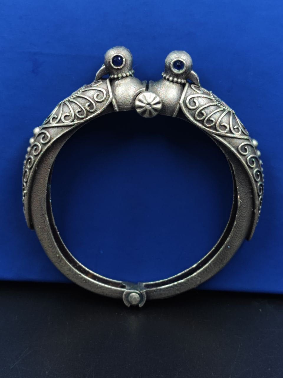 Peacock Kada Bangle - Traditional Silver Replica Openable Bracelet - Image 4