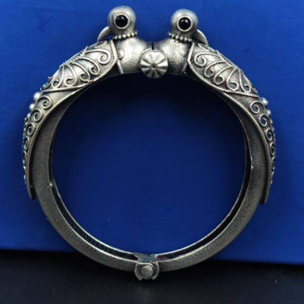Peacock Kada Bangle - Traditional Silver Replica Openable Bracelet - "Black"