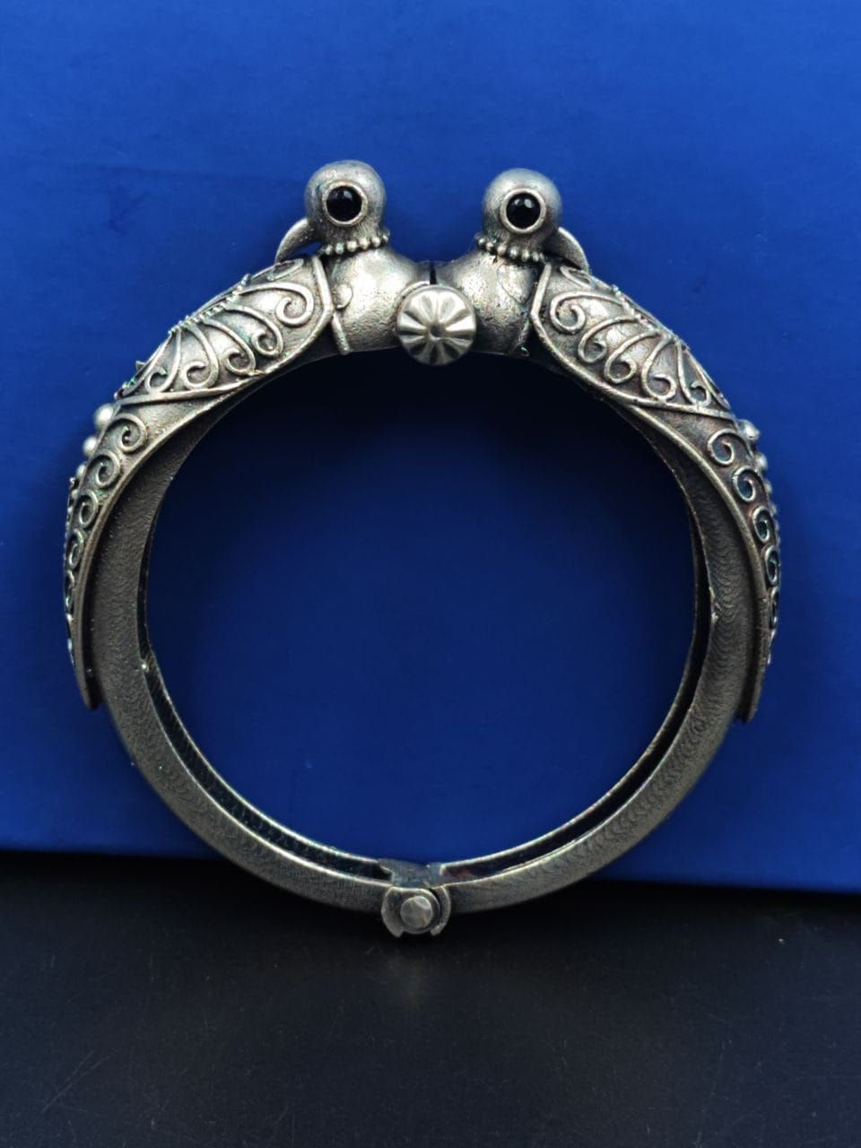 Peacock Kada Bangle - Traditional Silver Replica Openable Bracelet - Image 2