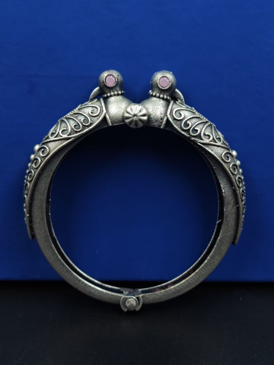 Peacock Kada Bangle - Traditional Silver Replica Openable Bracelet - Image 6