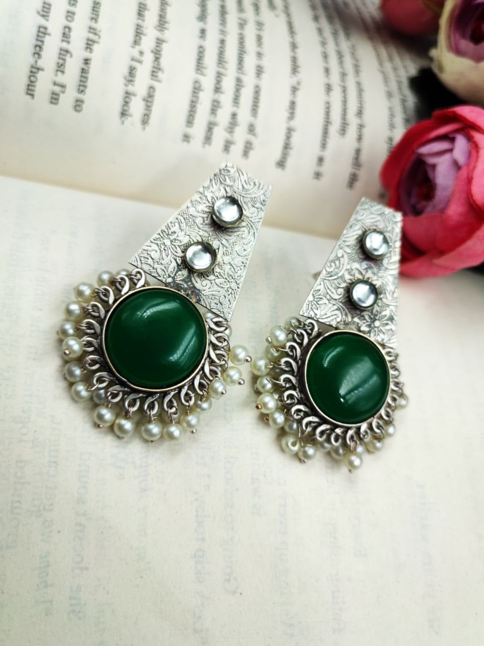 Premium Quality Hand-Made Silver Replica Monalisa Stone Stud Earrings with Pearl Work - Image 5