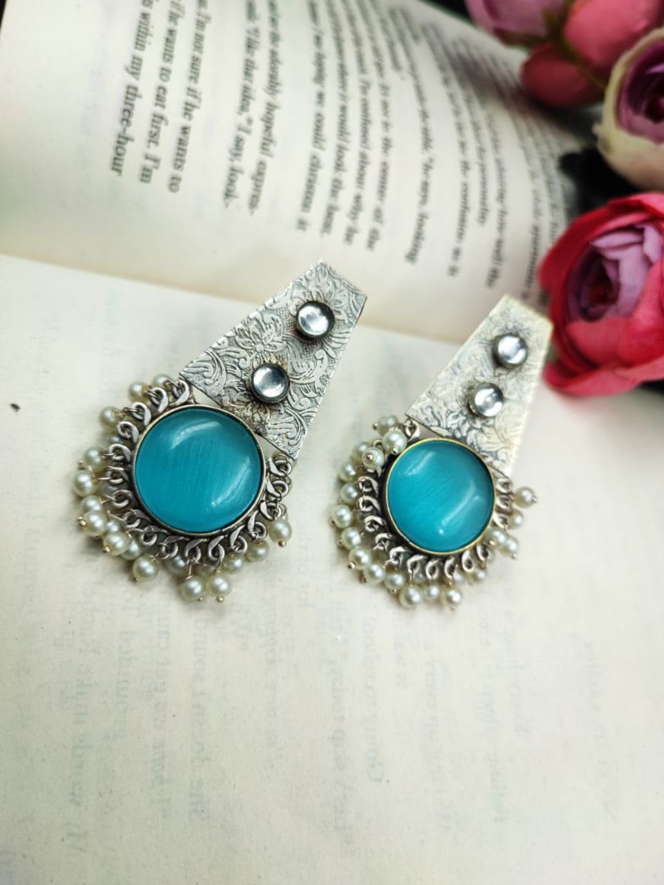 Premium Quality Hand-Made Silver Replica Monalisa Stone Stud Earrings with Pearl Work - Image 7