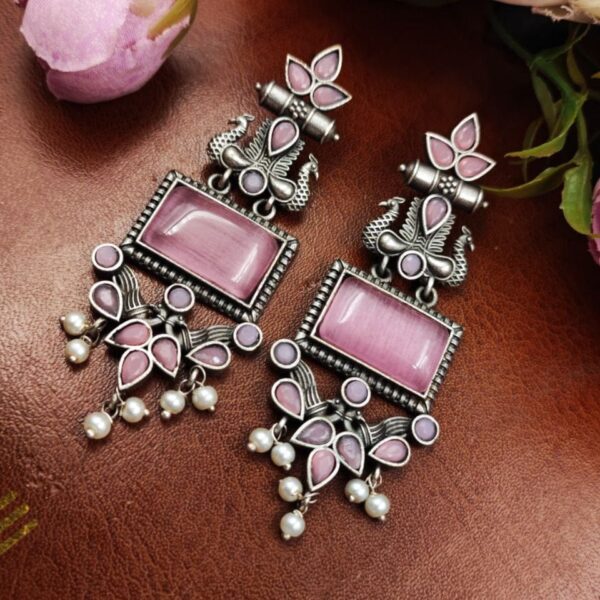 Adorable Peacock Earrings - Silver Replica Monalisa Stone Dangler Earring - "Babypink"