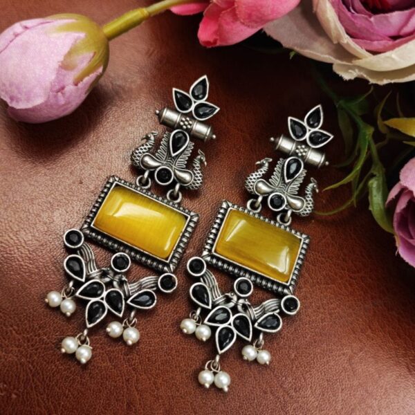 Adorable Peacock Earrings - Silver Replica Monalisa Stone Dangler Earring - "Yellow-black"