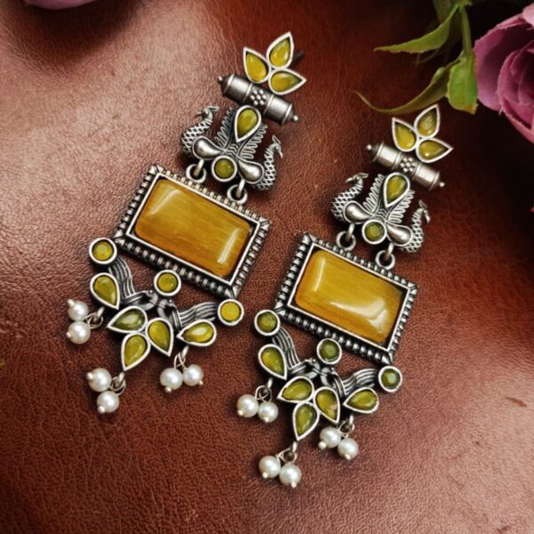 Adorable Peacock Earrings - Silver Replica Monalisa Stone Dangler Earring - "Yellow"