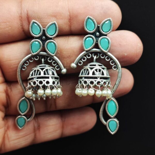 Unique Oxidised Jhumki Earring | Silver Look aLike Jhumka - "Mint"