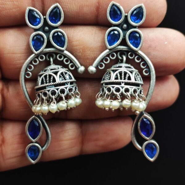 Unique Oxidised Jhumki Earring | Silver Look aLike Jhumka - "Blue"