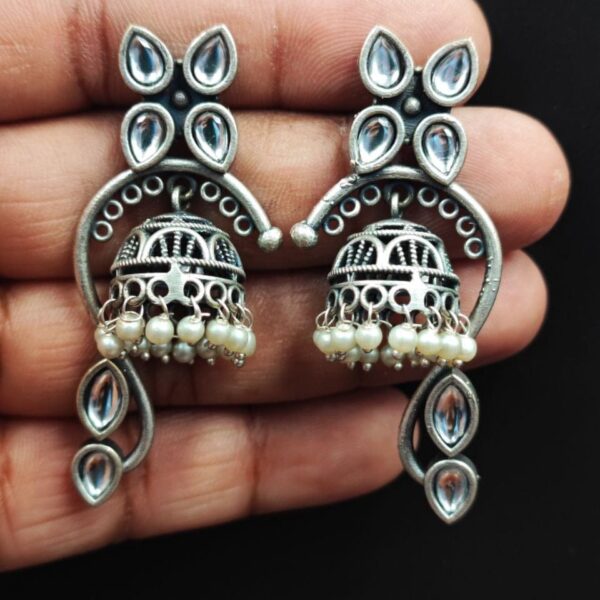 Unique Oxidised Jhumki Earring | Silver Look aLike Jhumka - "White"