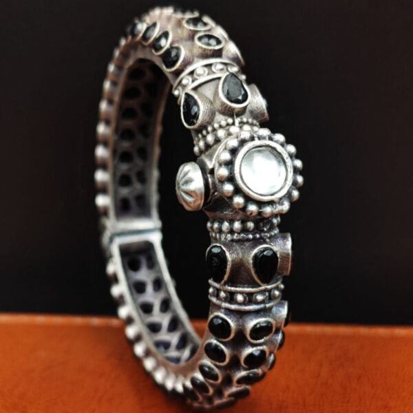 Stone Work Oxidised Silver Replica Bangles | Free Size Openable Bracelet - "Black"