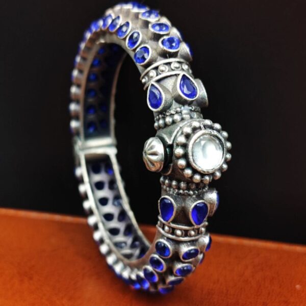 Stone Work Oxidised Silver Replica Bangles | Free Size Openable Bracelet - "Blue"