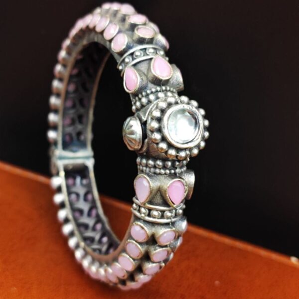Stone Work Oxidised Silver Replica Bangles | Free Size Openable Bracelet - "Babypink"