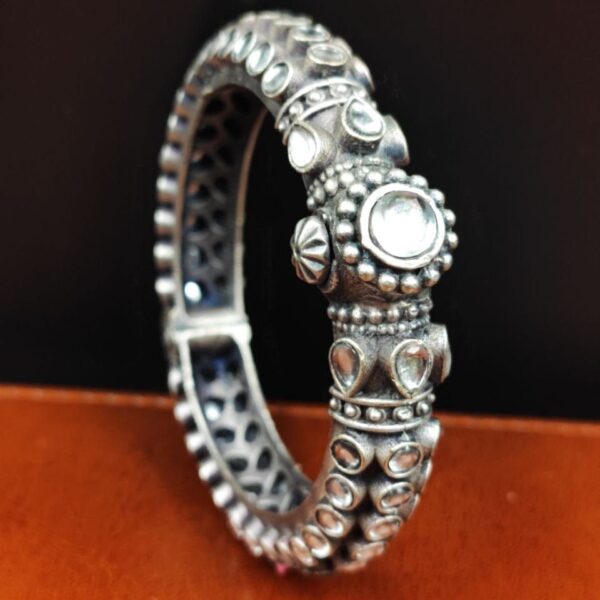 Stone Work Oxidised Silver Replica Bangles | Free Size Openable Bracelet - "White"