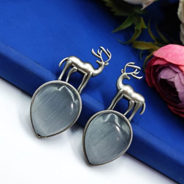 Premium Design of Deer Silver Replica Monalisa Stone Stud Dangler Earrings - "Grey"