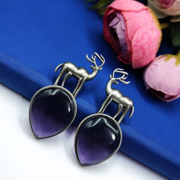 Premium Design of Deer Silver Replica Monalisa Stone Stud Dangler Earrings - "Amesthis"