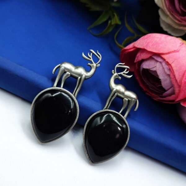 Premium Design of Deer Silver Replica Monalisa Stone Stud Dangler Earrings - "Black"