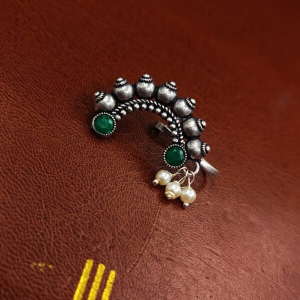 Oxidised Marathi Nath - Affordable Silver Plated Press Nosepin - "Green"