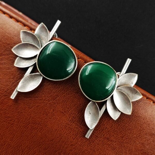Monalisa Stone Half Flower Stud Earrings - Attractive Silver Replica Polish - "Green"