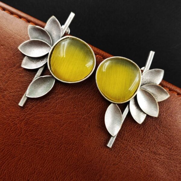 Monalisa Stone Half Flower Stud Earrings - Attractive Silver Replica Polish - "Yellow"