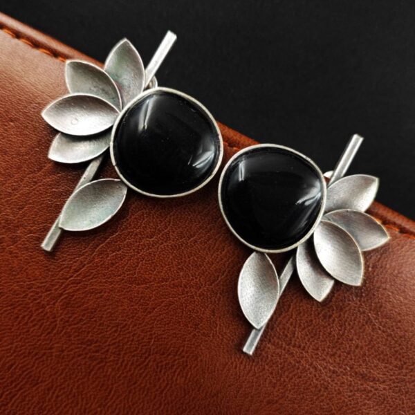 Monalisa Stone Half Flower Stud Earrings - Attractive Silver Replica Polish - "Black"