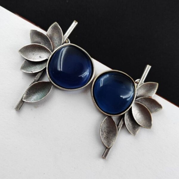 Monalisa Stone Half Flower Stud Earrings - Attractive Silver Replica Polish - "Blue"