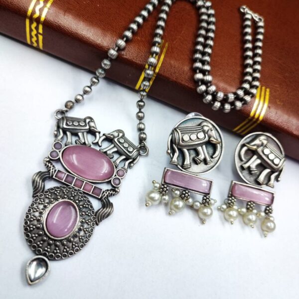 Elephant Chain Pendant Set with Monalisa Stone - Unique Handcrafted Jewelry - "Babypink"