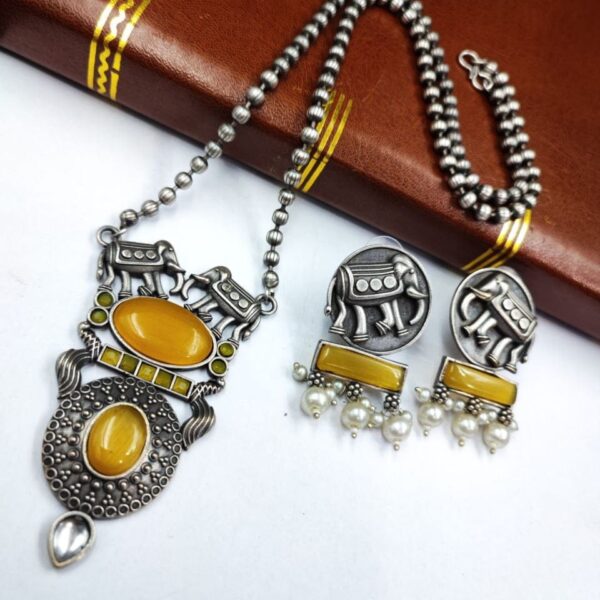 Elephant Chain Pendant Set with Monalisa Stone - Unique Handcrafted Jewelry - "Yellow"