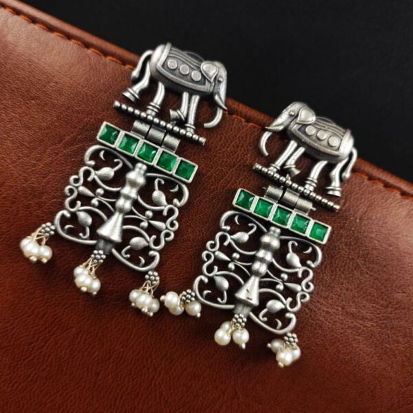 Antique Silver Elephant Earrings | Affordable Dangler Oxidised Studs For Girls - "Green"