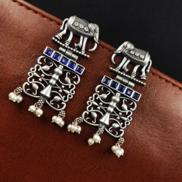 Antique Silver Elephant Earrings | Affordable Dangler Oxidised Studs For Girls - "Blue"