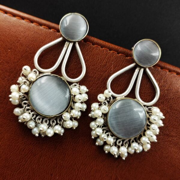 Affordable Hand-Made Silver Look Like Earrings Monalisa Stone with Pearl Work - "Grey"