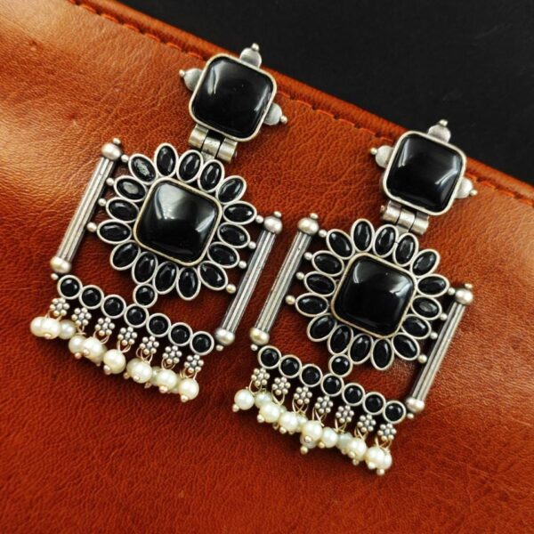 Silver Replica Square Monalisa Stone Stud Dangler Earrings - "Black"