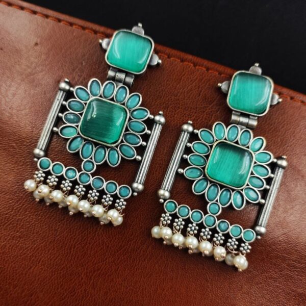 Silver Replica Square Monalisa Stone Stud Dangler Earrings - "Mint"