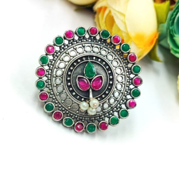 Silver Replica Ring | Round Shape Pearl Beads Adjustable Rings For Girls - "Red-Green"