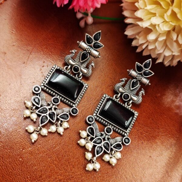 Adorable Peacock Earrings - Silver Replica Monalisa Stone Dangler Earring - "Black"