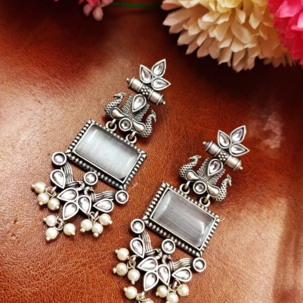 Adorable Peacock Earrings - Silver Replica Monalisa Stone Dangler Earring - "Grey"