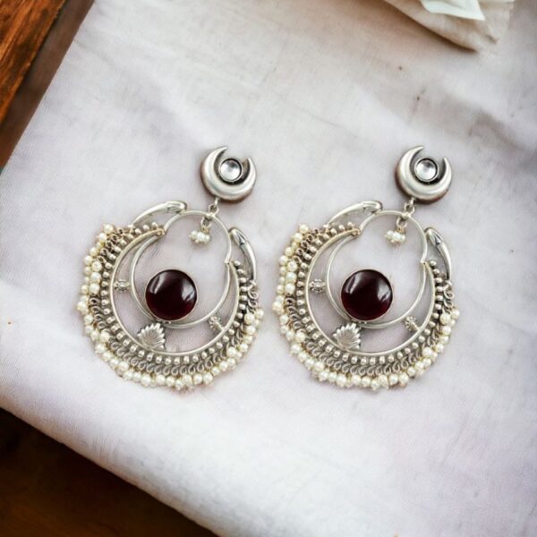 Handmade Chandbali - Silver Look Like Earrings with Pearl Beads - "Red"