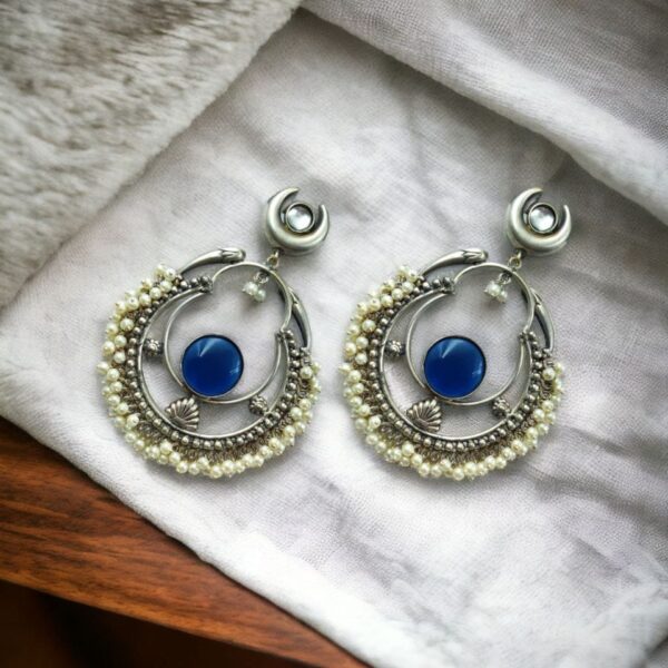 Handmade Chandbali - Silver Look Like Earrings with Pearl Beads - "Blue"