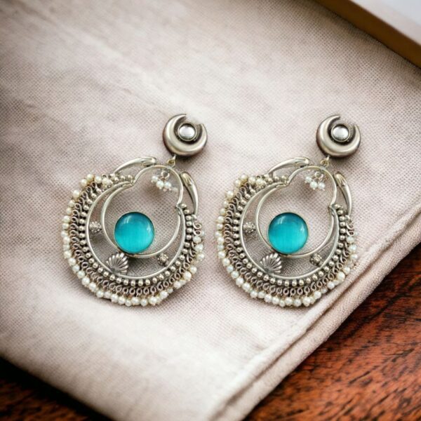 Handmade Chandbali - Silver Look Like Earrings with Pearl Beads - "Aqua"
