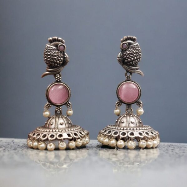 Oxidised Jhumka Earrings | Best Silver look Like Jhumki with Stone Work - "Baby Pink"