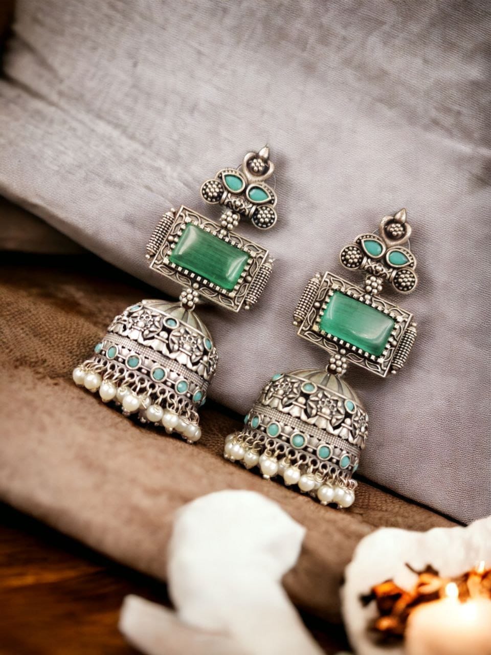 Unique Silver Replica Oxidised Jambo Jhumka With Monalisa Stones