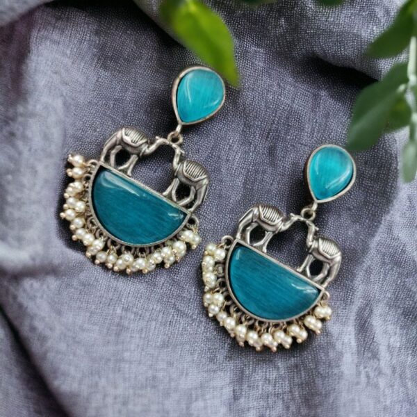 Designer Camel Earrings - Unique Stone Work Dangler Stud for Girls - "Aqua"