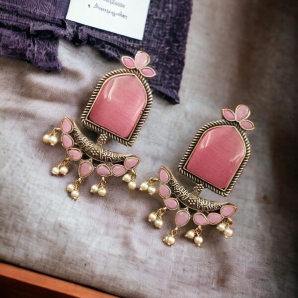 Fashionable Trendy Earrings - Best Silver Replica Jumbo Stone Dangler Earring - "Babypink"